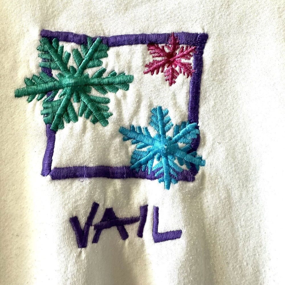 Vail Sweatshirt Women XL‎ Vintage 90s White Crewneck 1991 Snowflake Embroidered - Picture 3 of 11